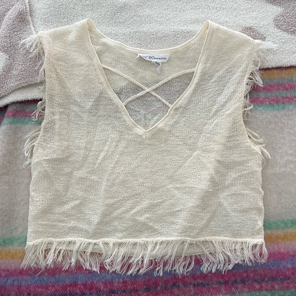 A little wrinkled, but super cute BCBG fringe top